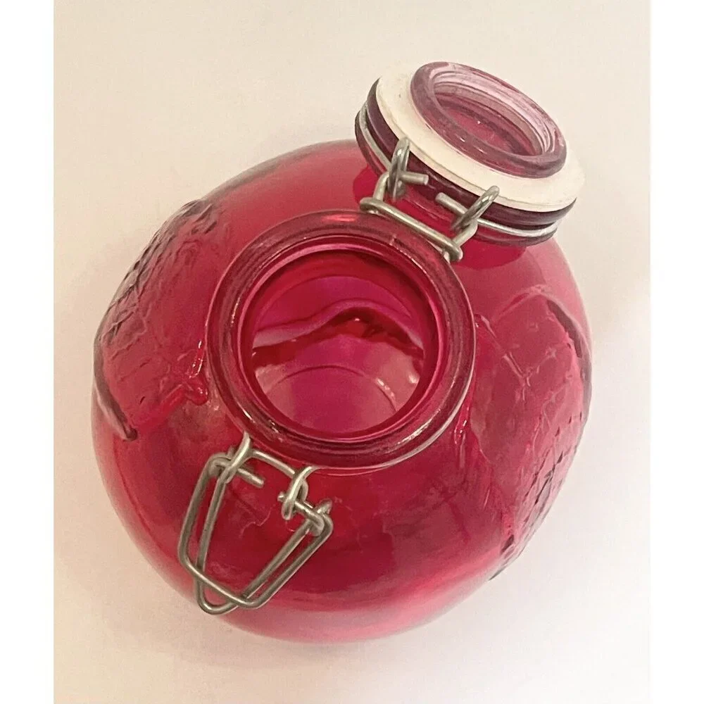 Cherry Red Glass Apple Canister 5.5” Jar with Wire Bail Lid Food Storage Craft